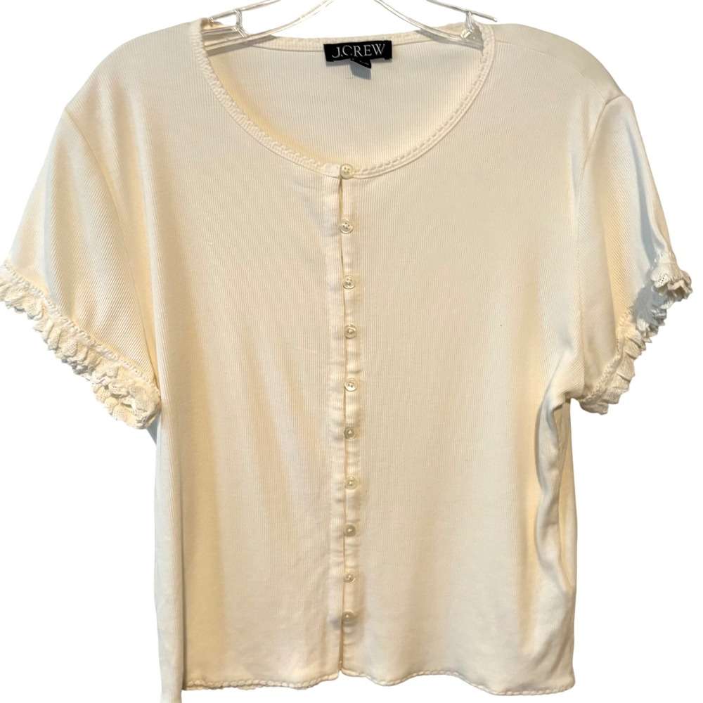 J. Crew Cream Fine Rib Crochet Trim Cardigan in Size L